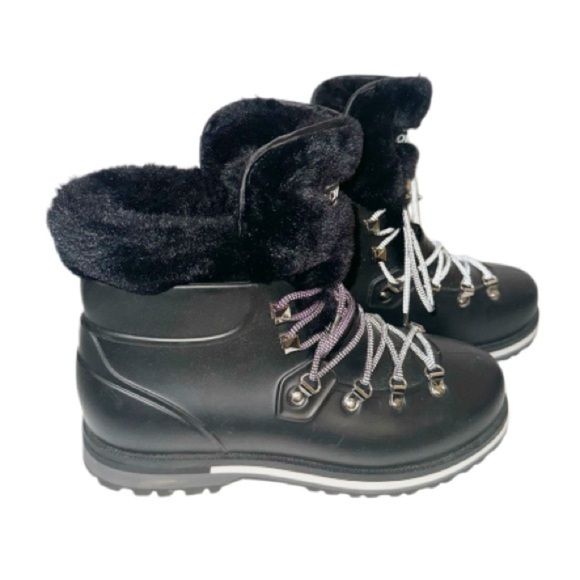 Michael Kors Black Lanis PVC & Faux Fur Rain Boot Sz 9 Reflective Laces - Picture 2 of 16